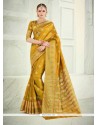 Floral Mustard Patch Border Work Banarasi Silk Designer Saree