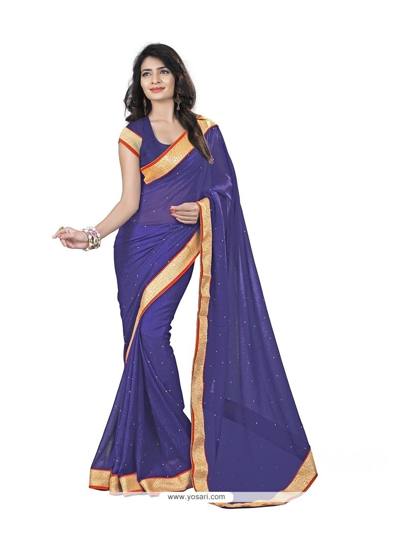 Intriguing Faux Chiffon Navy Blue Patch Border Work Casual Saree