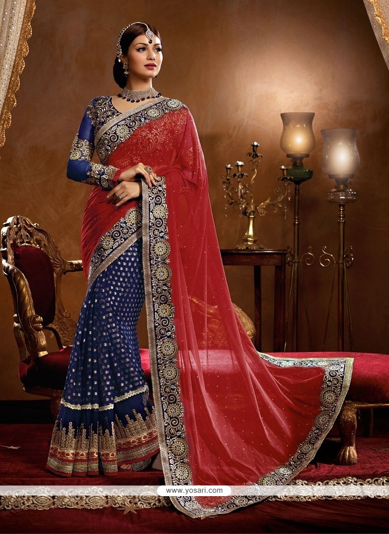 Ayesha Takia Red And Blue Viscose Wedding Saree