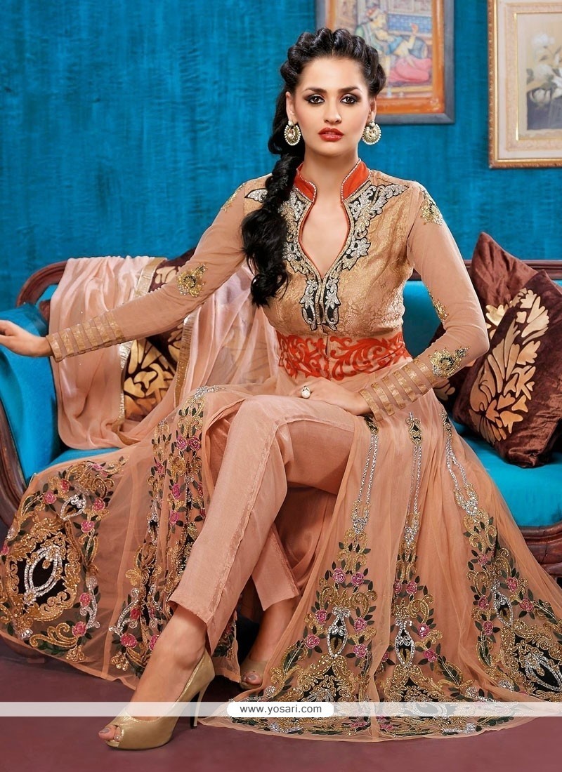Spectacular Patch Border Work Peach Designer Salwar Suit