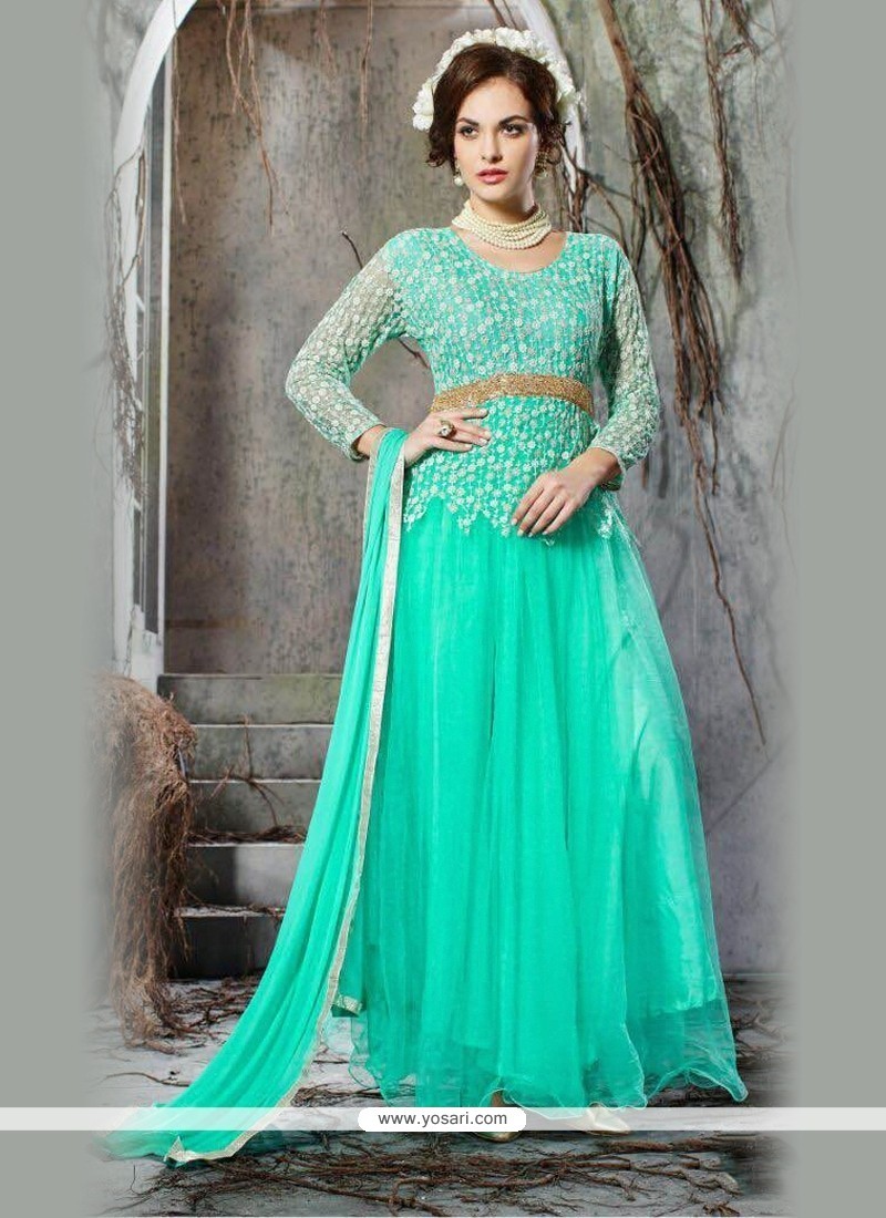 Glamorous Embroidered Work Net Turquoise Anarkali Salwar Kameez