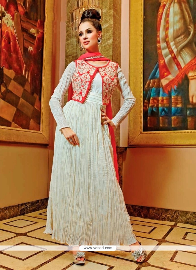 Glossy Resham Work Off White Georgette Anarkali Salwar Kameez