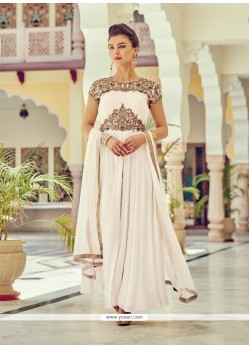 Elite Embroidered Work Off White Faux Chiffon Designer Suit