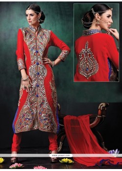 Embroidered Georgette Designer Suit In Red