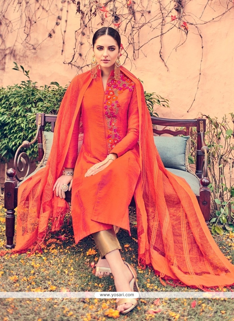 Bewildering Orange Embroidered Work Cotton Churidar Designer Suit