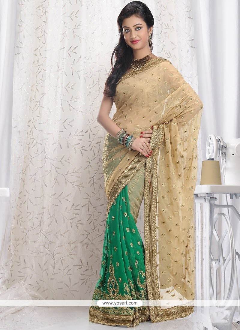 Magnificent Beige And Green Shimmer Georgette Saree