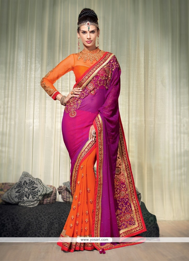 Orange And Purple Embroidery Designer Saree