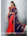 Entrancing Navy Blue And Red Patch Border Work Classic Designer Saree