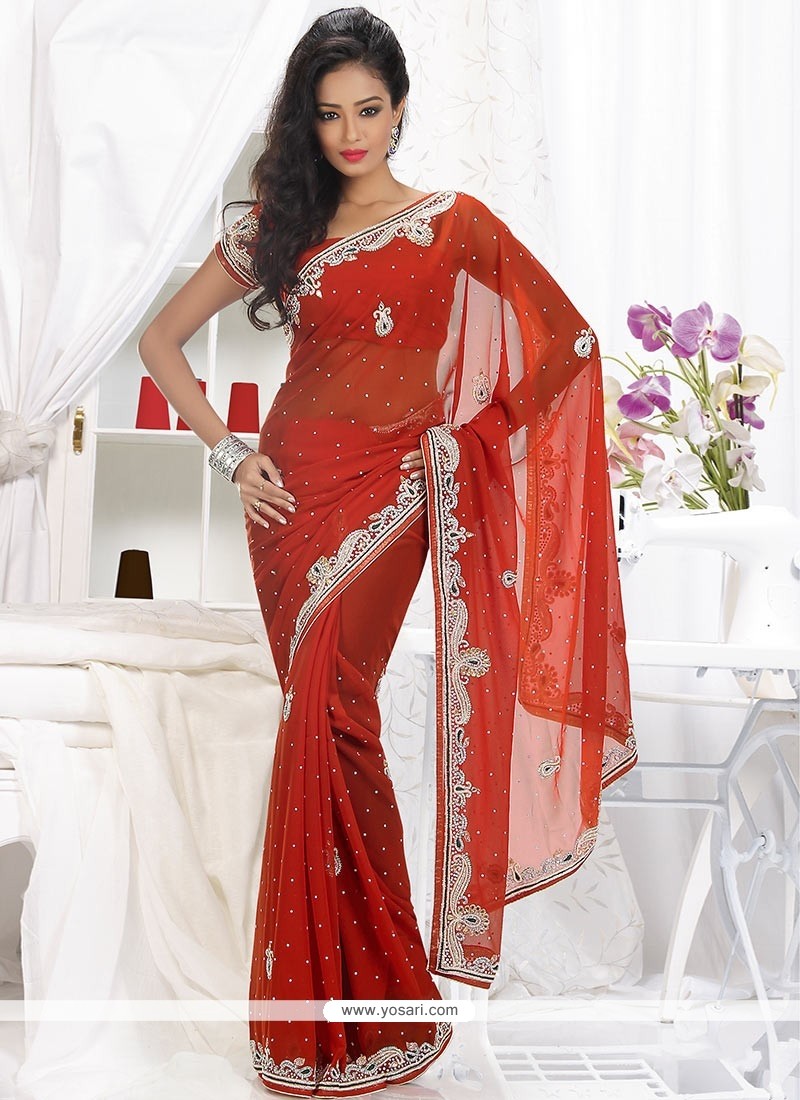 Lustrous Rust Shaded Faux Georgette Saree