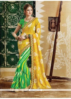 Mesmeric Green And Yellow Georgette Designer Saree