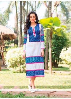Vibrant Print Work Blue And Off White Party Wear Kurti