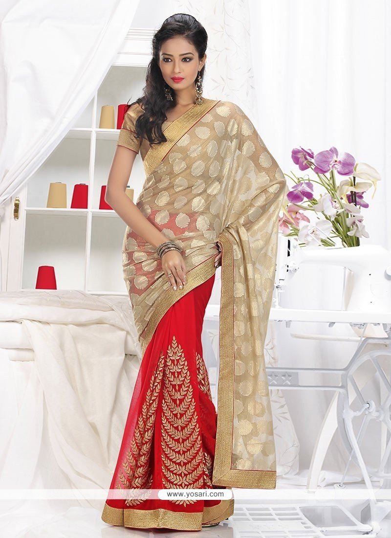 Genius Beige And Red Shimmer Georgette And Net Saree