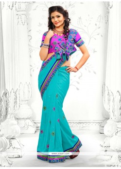 Turquoise Blue Bhagalpuri Silk Designer Saree