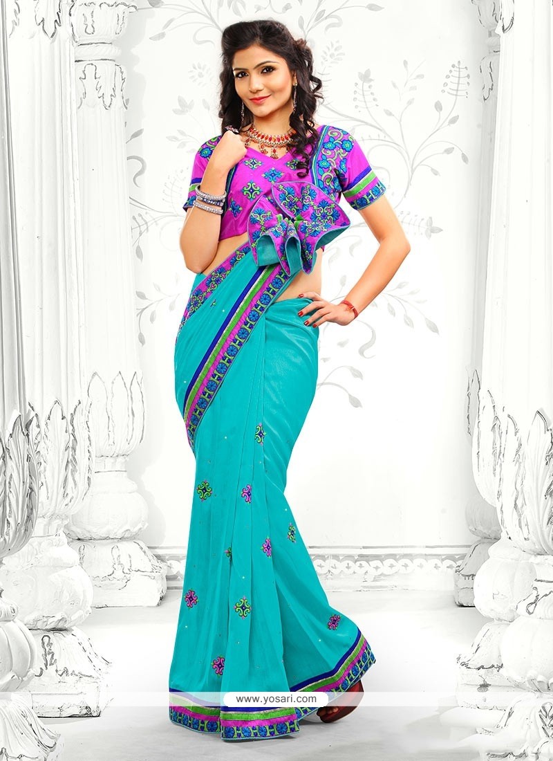 Turquoise Blue Bhagalpuri Silk Designer Saree