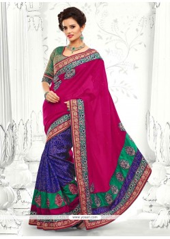 Blue And Pink Jute Silk Designer Saree