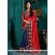 Distinctive Satin Navy Blue And Red Embroidered Work Classic Designer Saree