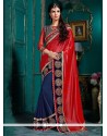 Distinctive Satin Navy Blue And Red Embroidered Work Classic Designer Saree