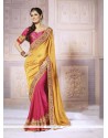 Impressive Hot Pink And Yellow Satin Classic Designer Saree