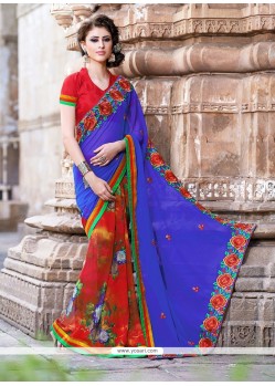 Blue And Red Printed Casual Saree
