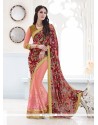 Fashionable Velvet Pink Patch Border Work Classic Designer Saree