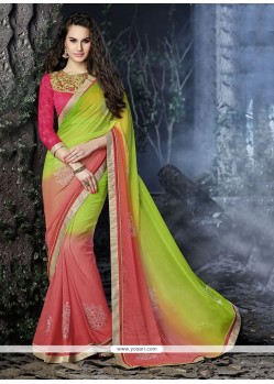 Peppy Faux Chiffon Green And Pink Patch Border Work Designer Saree