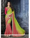 Peppy Faux Chiffon Green And Pink Patch Border Work Designer Saree