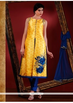 Excellent Embroidered Work Yellow Art Silk Designer Suit