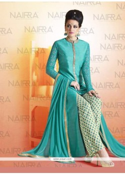 Adorning Lace Work Bhagalpuri Silk Turquoise Designer Suit