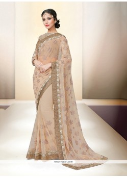 Whimsical Beige Embroidered Work Net Classic Designer Saree