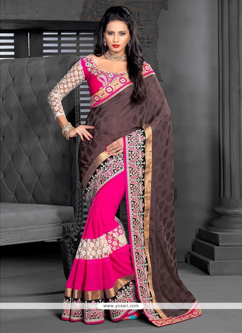 Pink And Brown Georgette Half And Half Saree