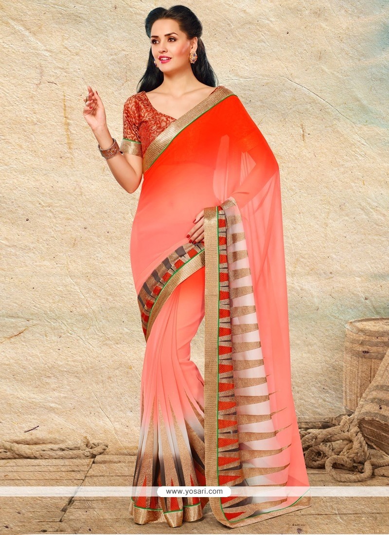 Red And Off White Shaded Chiffon Saree