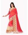 Appealing Embroidered Work Cream And Hot Pink Georgette Designer Saree