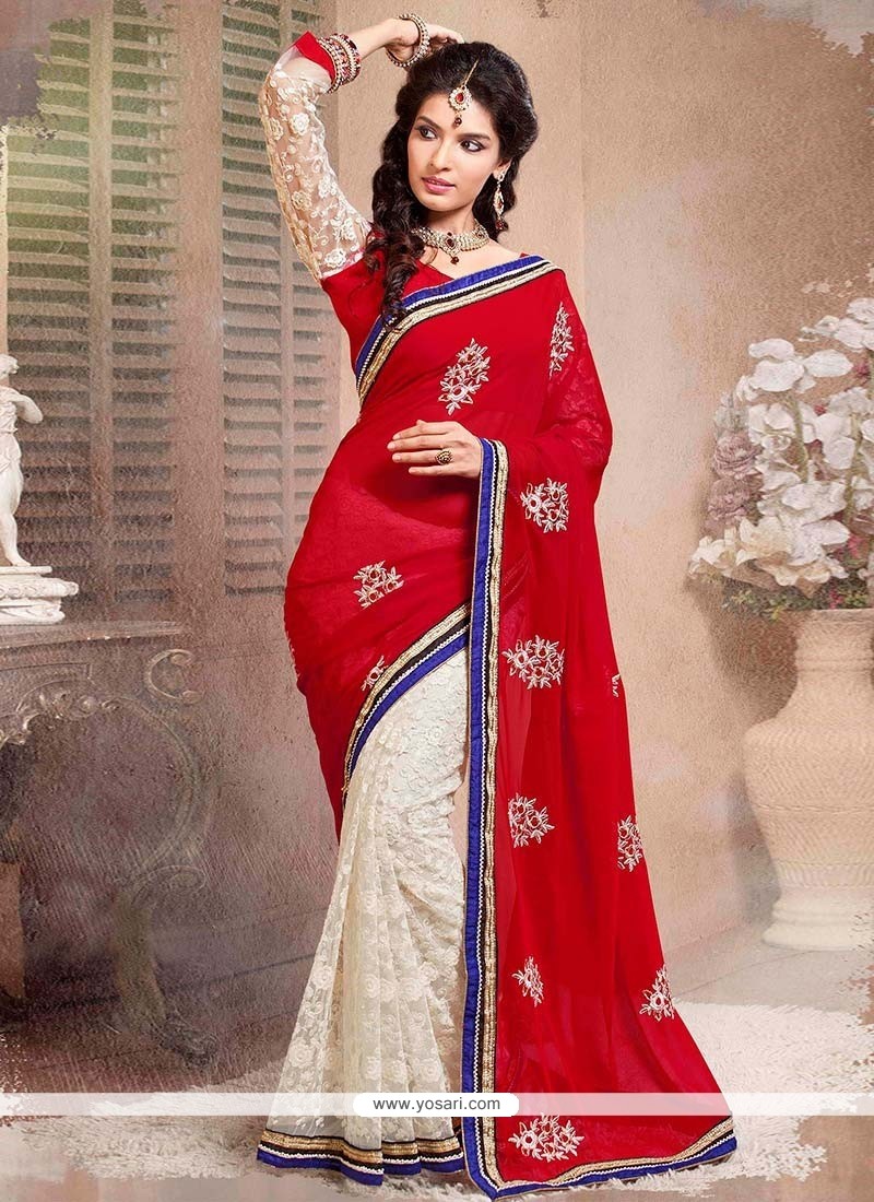 Off White And Red Half And Half Saree