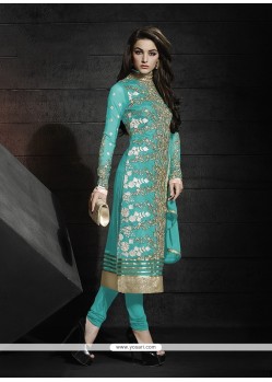 Royal Embroidered Work Turquoise Georgette Churidar Designer Suit