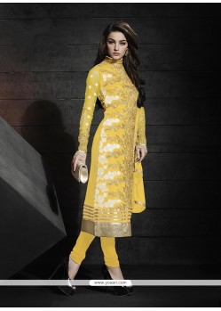 Captivating Georgette Yellow Resham Work Churidar Designer Suit