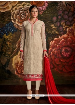 Prominent Lace Work Georgette Beige Churidar Designer Suit