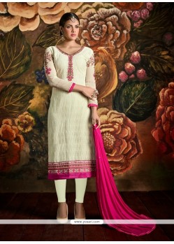 Stylish Embroidered Work Cream Churidar Designer Suit