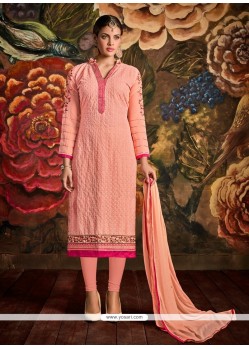 Gripping Peach Lace Work Georgette Churidar Designer Suit