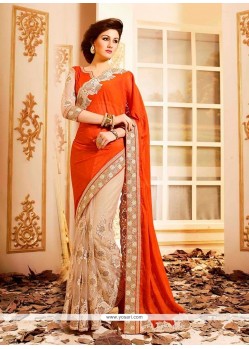 Fine Orange Embroidered Work Designer Saree