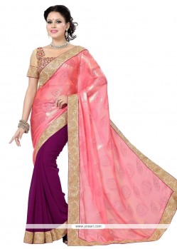 Intricate Faux Chiffon Pink And White Patch Border Work Designer Saree