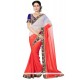 Exuberant Off White And Pink Patch Border Work Faux Chiffon Designer Saree