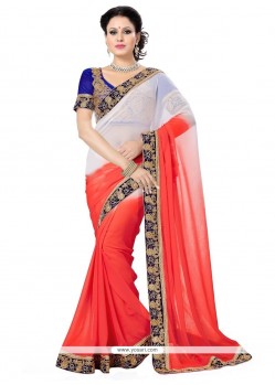 Exuberant Off White And Pink Patch Border Work Faux Chiffon Designer Saree