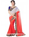 Exuberant Off White And Pink Patch Border Work Faux Chiffon Designer Saree