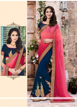 Entrancing Georgette Navy Blue Patch Border Work Designer Saree