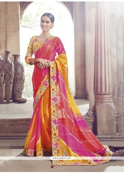 Congenial Hot Pink Patch Border Work Faux Chiffon Designer Saree