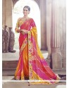 Congenial Hot Pink Patch Border Work Faux Chiffon Designer Saree