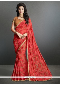 Nice Georgette Red Print Work Casual Saree