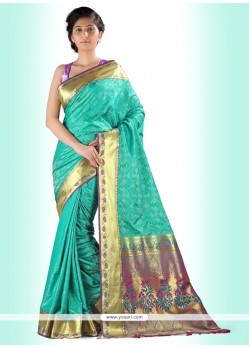 Engrossing Turquoise Print Work Art Silk Casual Saree