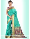 Engrossing Turquoise Print Work Art Silk Casual Saree