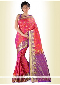 Perfervid Art Silk Orange And Purple Print Work Casual Saree